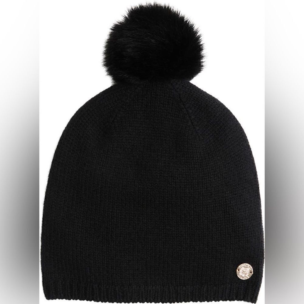 BRUNO MAGLI NWT 100% CASHMERE KNIT BEANIE WITH SHEARLING POM-POM BLACK